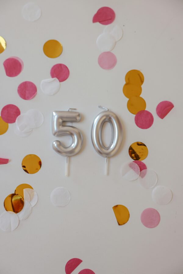 Number 50 candle with confetti